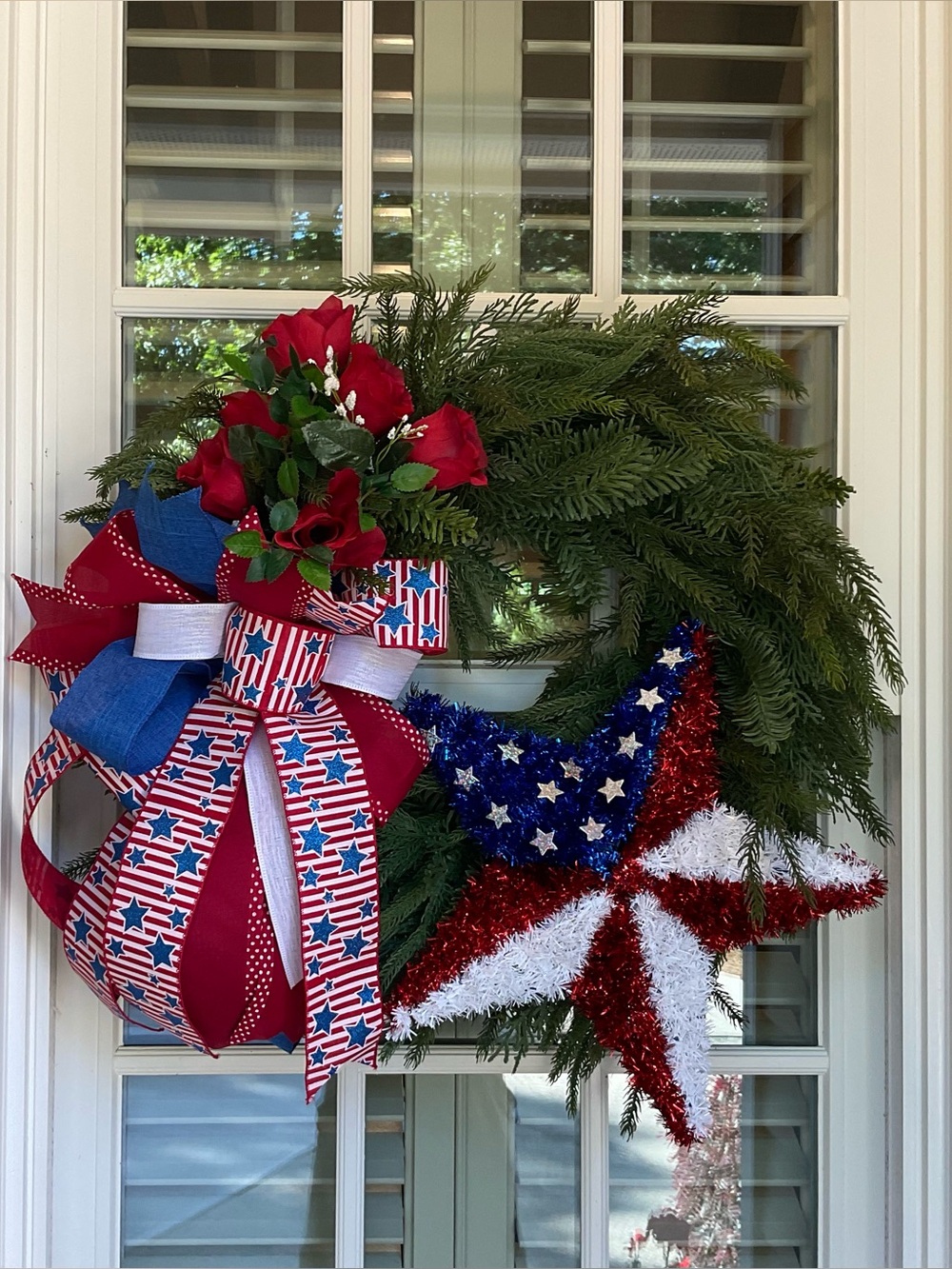 Patriotic Red, White & Blue Holiday Wreath with Star Accent